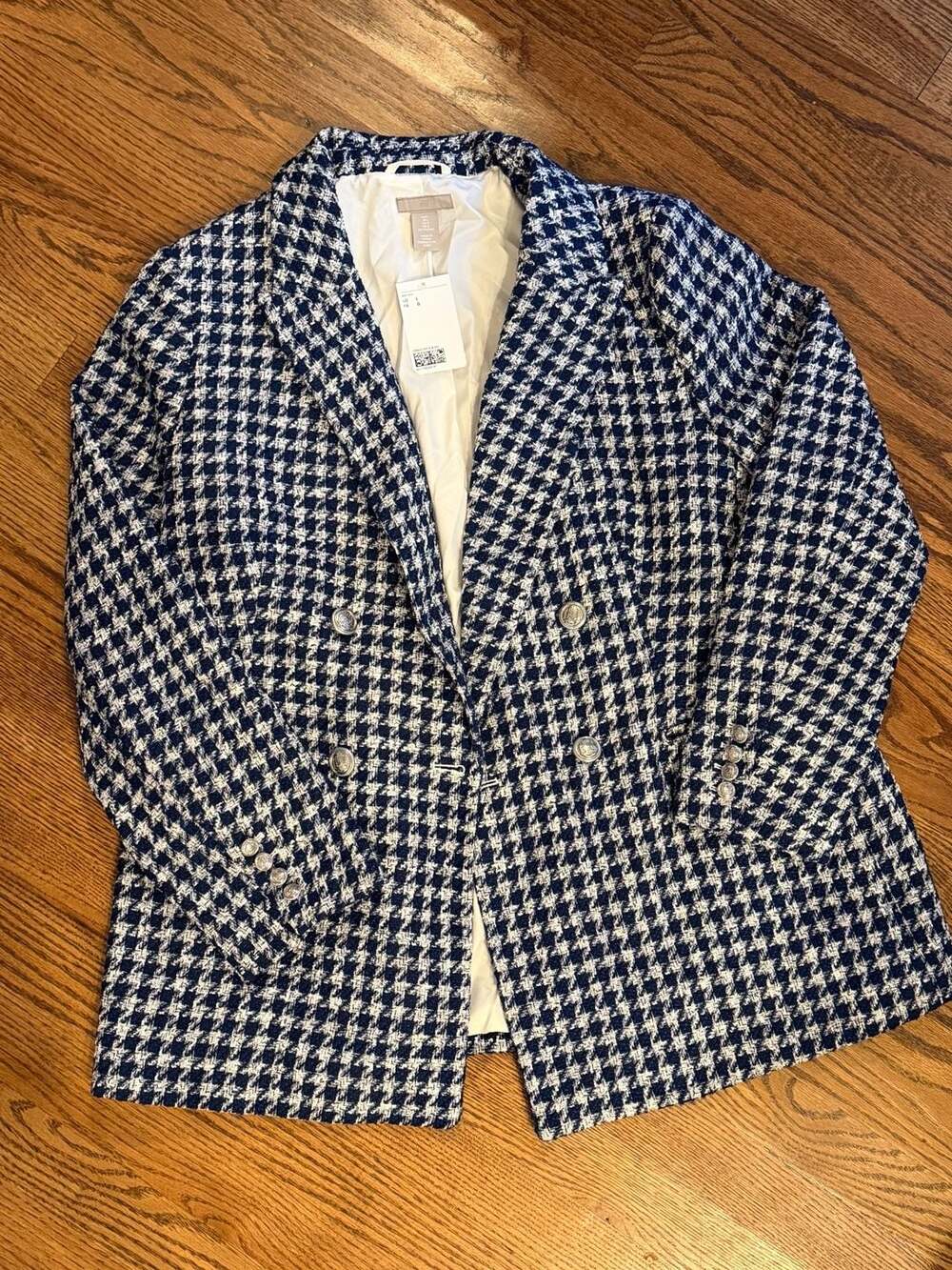 H&M Blue and White Houndstooth Textured-Weave Double-Breasted Blazer